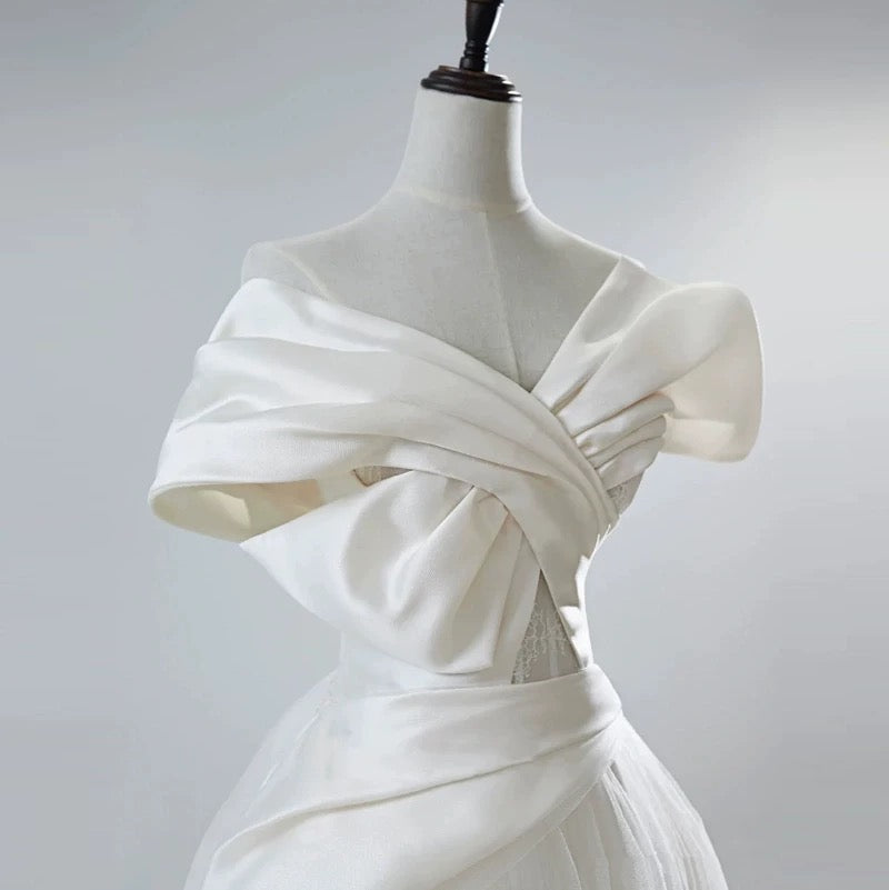 Unique Ball Gown Off The Shoulder Long White Satin Wedding Dresses