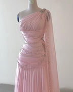Classy A Line One Shoulder Pink Chiffon Evening Gown Prom Dresses