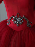 Pretty Ball Gown Strapless Burgundy Tulle Long Prom Dresses Evening Gowns