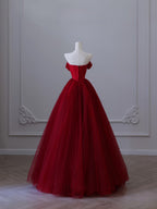 Pretty Ball Gown Strapless Burgundy Tulle Long Prom Dresses Evening Gowns