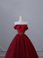 Pretty Ball Gown Strapless Burgundy Tulle Long Prom Dresses Evening Gowns