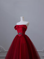 Pretty Ball Gown Strapless Burgundy Tulle Long Prom Dresses Evening Gowns
