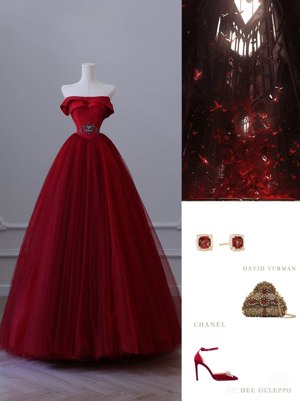 Pretty Ball Gown Strapless Burgundy Tulle Long Prom Dresses Evening Gowns