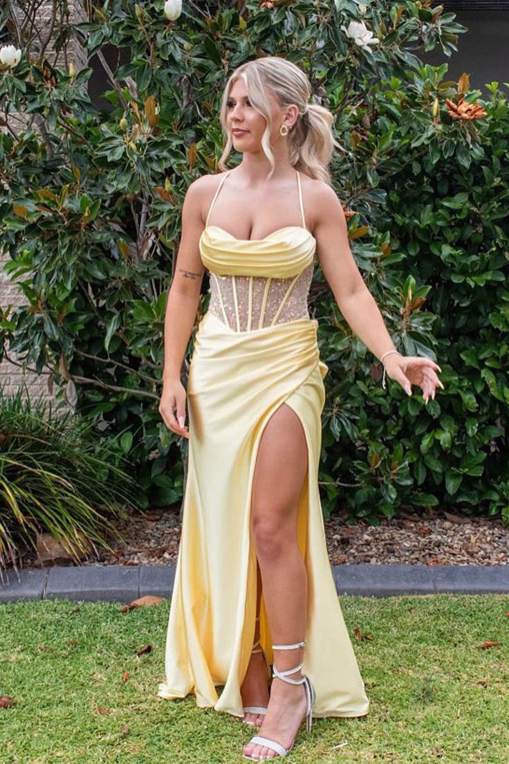 Pretty Sage Scoop Neck Satin Mermaid Long Prom Dress with Slit Formal Gown Evening Dress