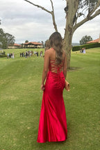 Pretty Sage Scoop Neck Satin Mermaid Long Prom Dress with Slit Formal Gown Evening Dress