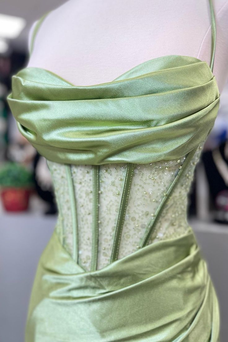 Pretty Sage Scoop Neck Satin Mermaid Long Prom Dress with Slit Formal Gown Evening Dress
