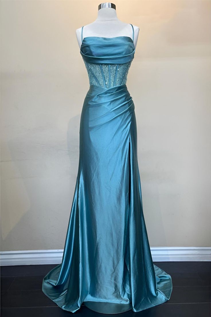 Pretty Sage Scoop Neck Satin Mermaid Long Prom Dress with Slit Formal Gown Evening Dress