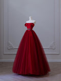 Classy Balll Gown Strapless Red Tulle Long Evening Dress Prom Dresses
