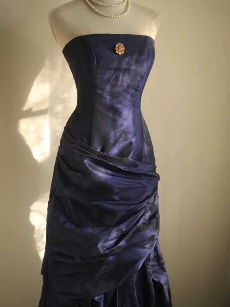 Classy Mermaid Strapless Navy Blue Organza Long Evening Gowns Prom Dress