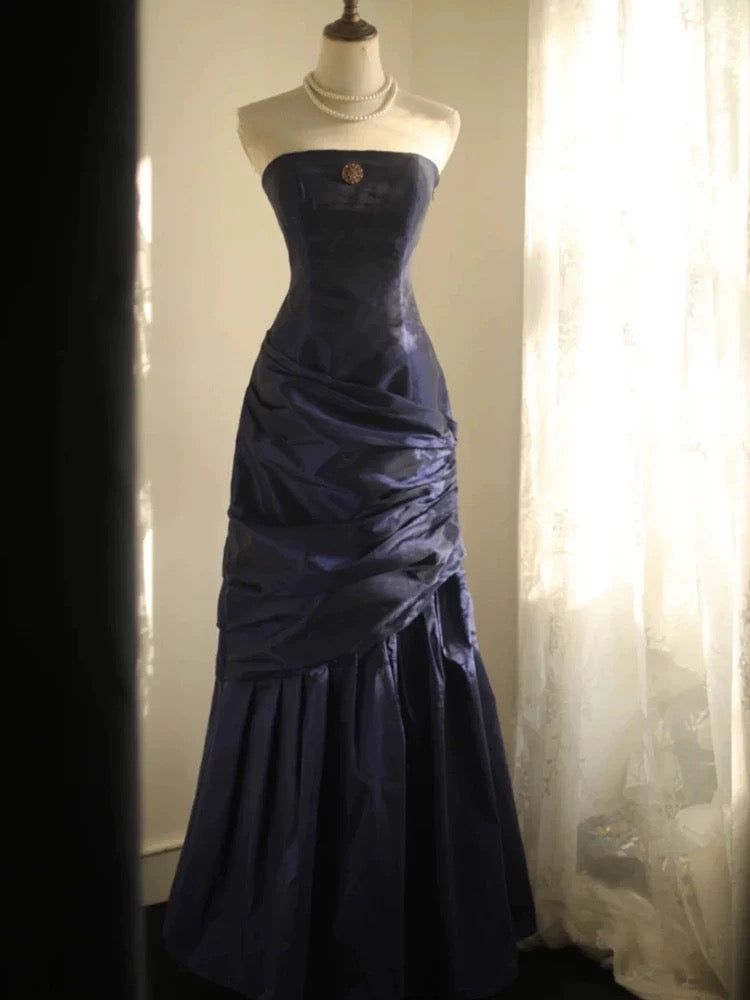 Classy Mermaid Strapless Navy Blue Organza Long Evening Gowns Prom Dress