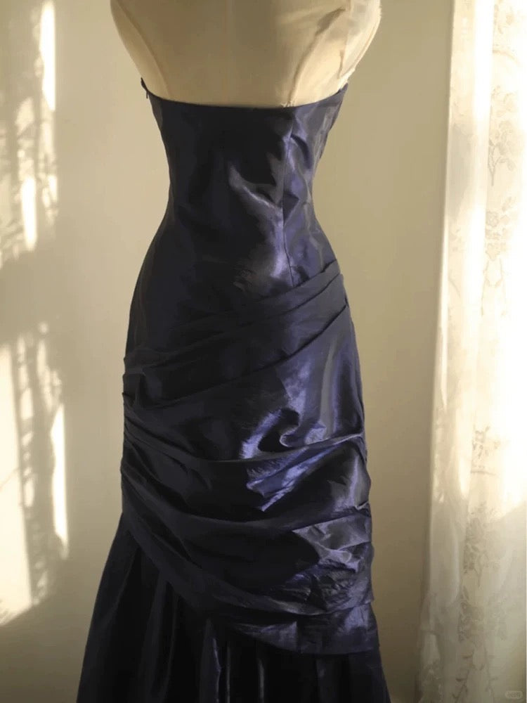Classy Mermaid Strapless Navy Blue Organza Long Evening Gowns Prom Dress