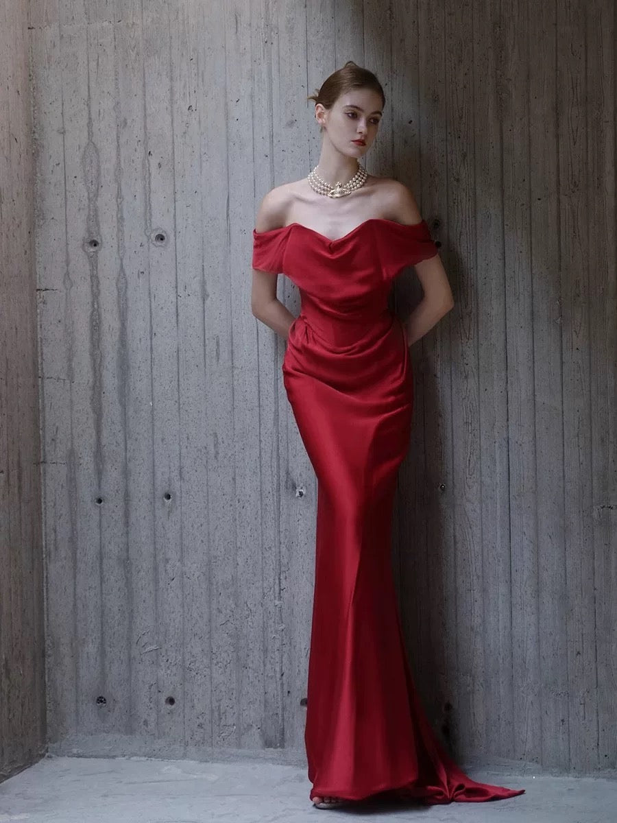 Classy Mermaid Off The Shoulder Red Satin Long Evening Gowns Prom Dress