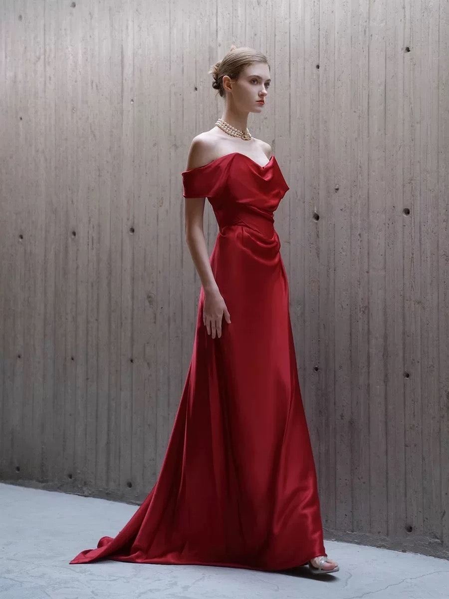 Classy Mermaid Off The Shoulder Red Satin Long Evening Gowns Prom Dress