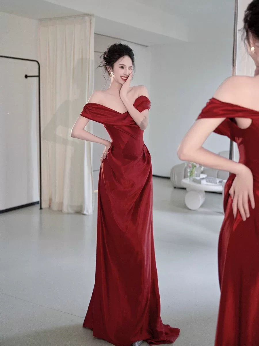 Classy Mermaid Off The Shoulder Red Satin Long Evening Gowns Prom Dress