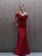 Classy Mermaid Off The Shoulder Red Satin Long Evening Gowns Prom Dress