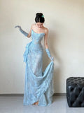 Classy Mermaid Strapless Lace Blue Long Evening Gowns Split Prom Dress