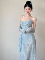 Classy Mermaid Strapless Lace Blue Long Evening Gowns Split Prom Dress