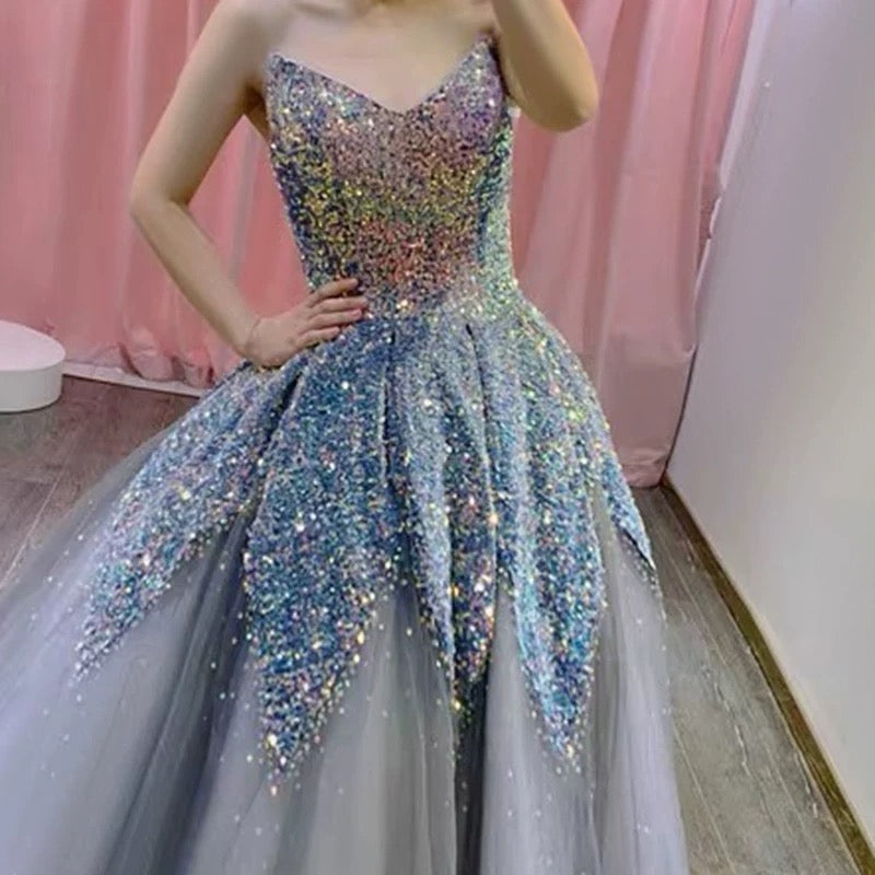 Gorgeous Balll Gown Sweetheart Blue Sequin Tulle Long Evening Dress Prom Dresses