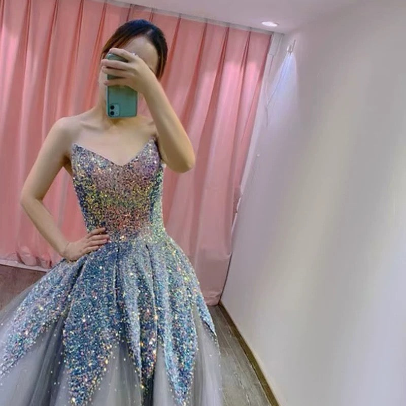 Gorgeous Balll Gown Sweetheart Blue Sequin Tulle Long Evening Dress Prom Dresses