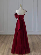 Vintage Ball Gown Strapless Burgundy Tulle Long Prom Gown Fairy Prom Dresses