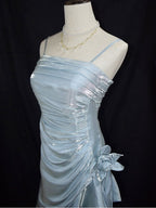Retro Baby Blue Vintage Floral Dress Asymmetrical Hem Prom Gown