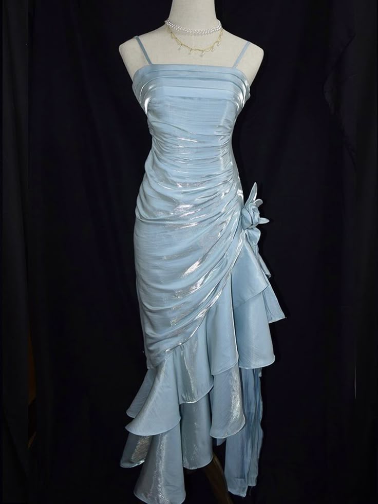 Retro Baby Blue Vintage Floral Dress Asymmetrical Hem Prom Gown