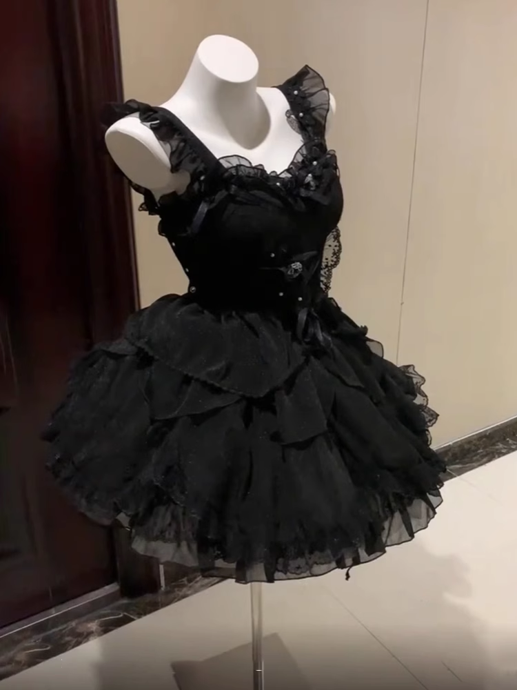 Chic Ball Gown Straps Black Floral Short Black Homecoming Dresses Birthday Outfits