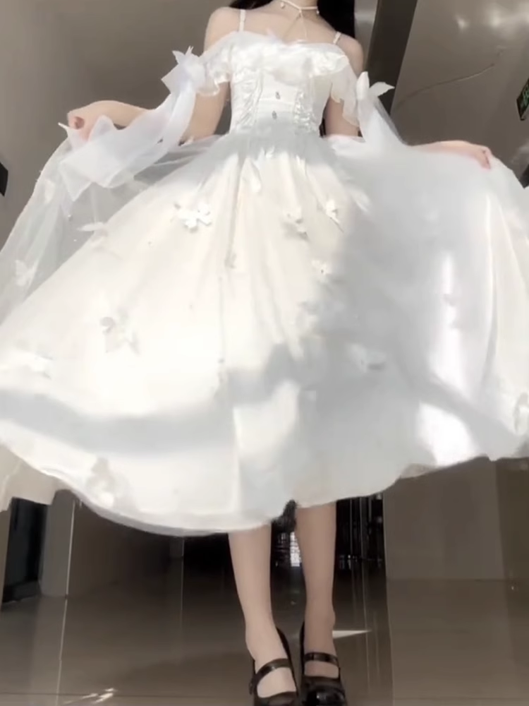 Retro Ball Gown Spaghetti Straps Ankle length White Prom Dresses Birthday Outfits With Lace
