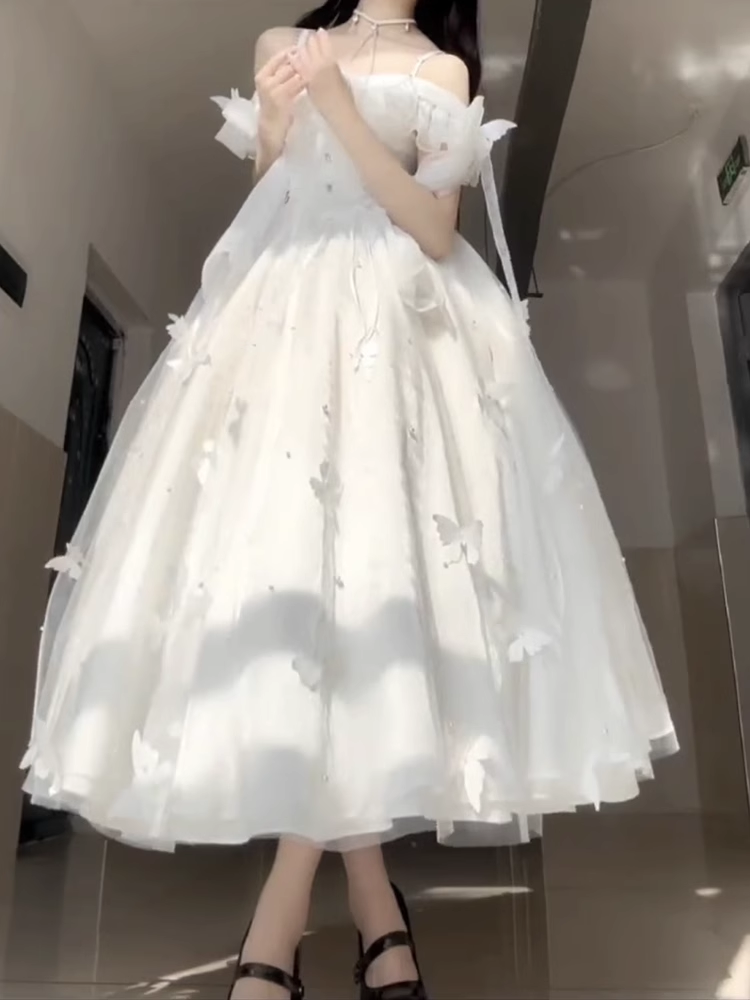 Retro Ball Gown Spaghetti Straps Ankle length White Prom Dresses Birthday Outfits With Lace