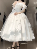 Retro Ball Gown Spaghetti Straps Ankle length White Prom Dresses Birthday Outfits With Lace