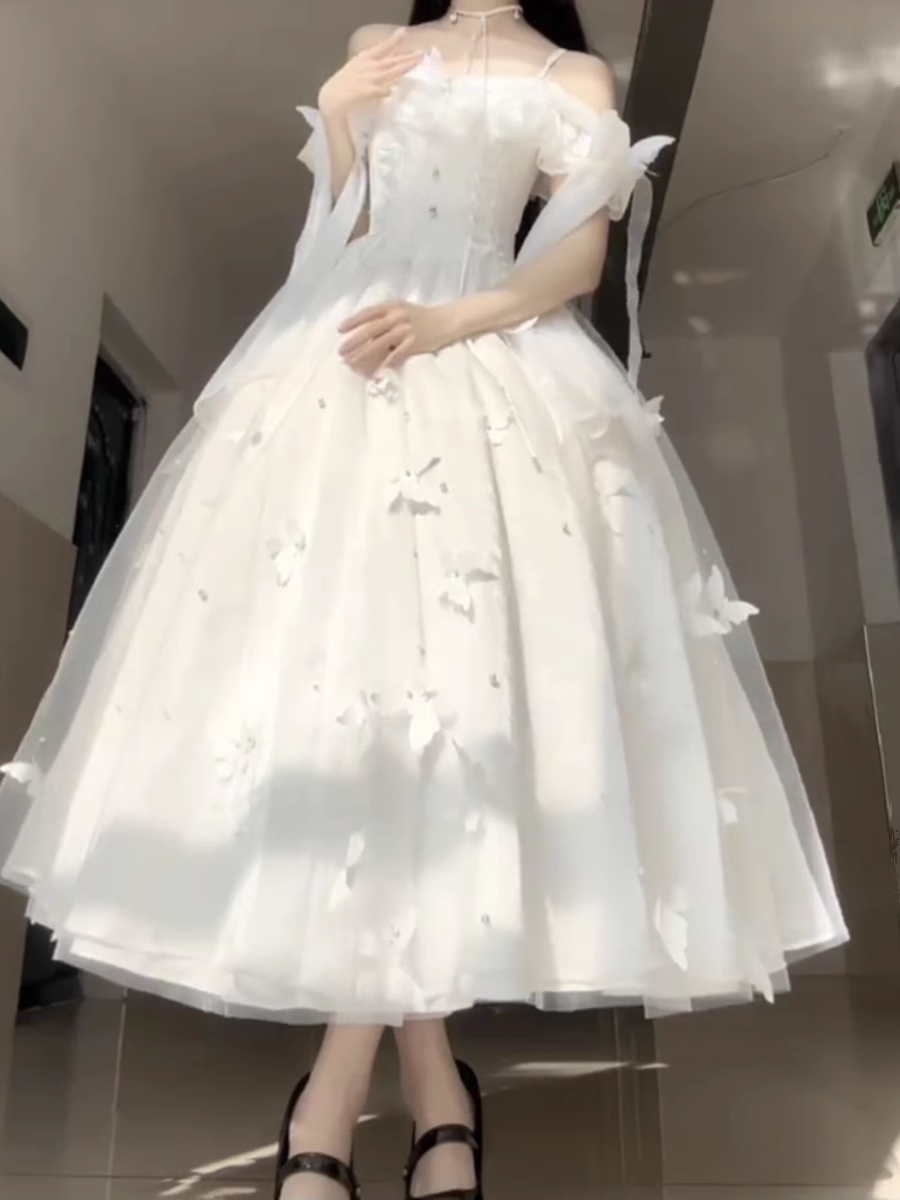 Retro Ball Gown Spaghetti Straps Ankle length White Prom Dresses Birthday Outfits With Lace
