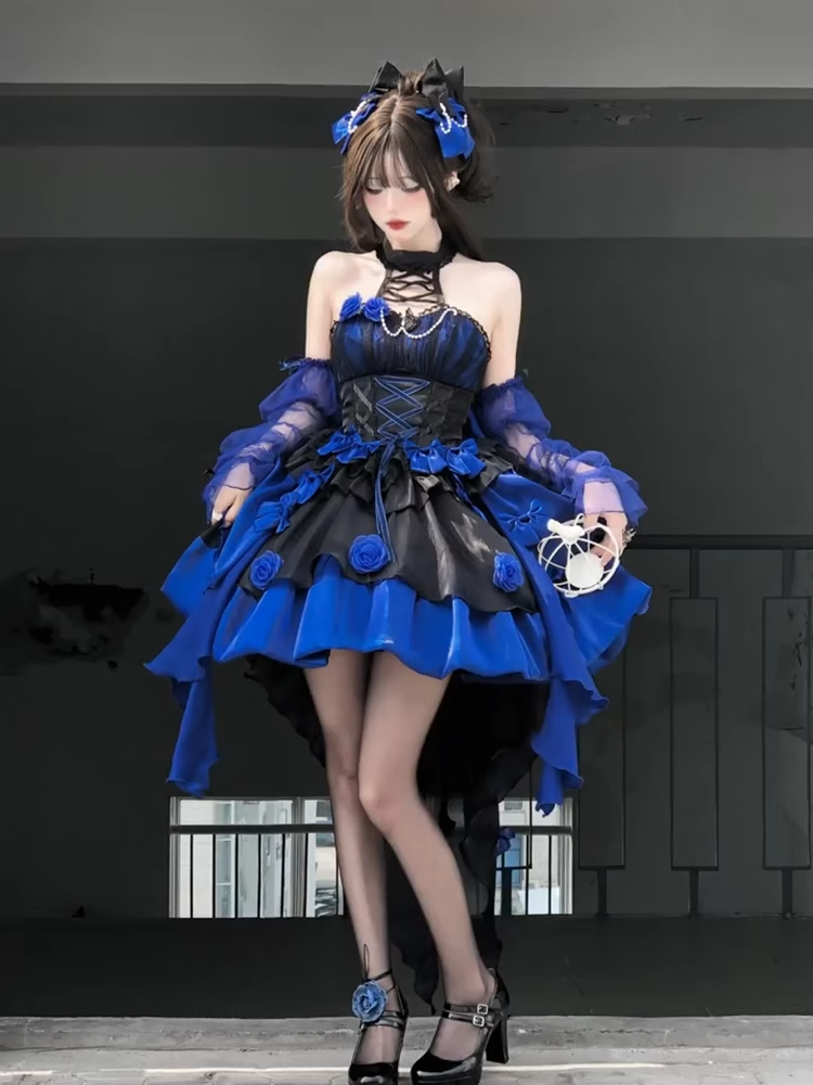 Retro Ball Gown High Neckline Short Royal Blue Cocktail Dresses Birthday Outfits
