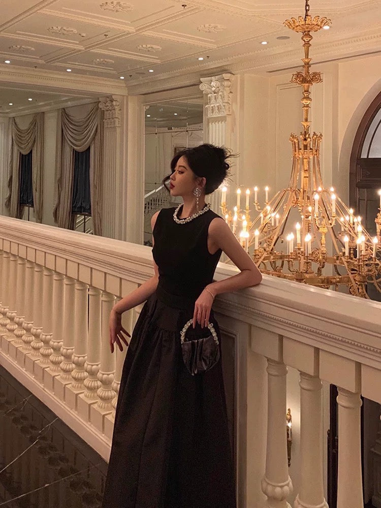 Vintage Ball Gown Jewel Sleeveless Black Satin Prom Dresses Birthday Outfits