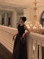 Vintage Ball Gown Jewel Sleeveless Black Satin Prom Dresses Birthday Outfits