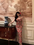 French Sheath Spaghetti Straps Floral Prom Dresses Birthday Outfits Evening Gown