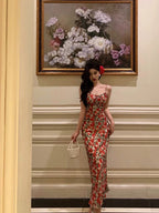 French Sheath Spaghetti Straps Floral Prom Dresses Birthday Outfits Evening Gown
