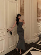 Pretty Sheath Spaghetti Straps Pleated Gray Prom Dresses Birthday Outfits Evening Gown