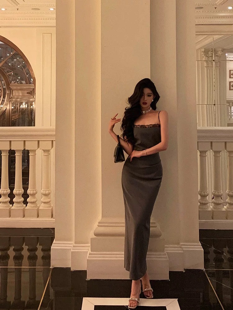 Pretty Sheath Spaghetti Straps Pleated Gray Prom Dresses Birthday Outfits Evening Gown