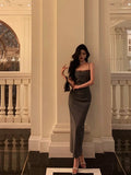Pretty Sheath Spaghetti Straps Pleated Gray Prom Dresses Birthday Outfits Evening Gown