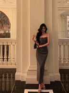 Pretty Sheath Spaghetti Straps Pleated Gray Prom Dresses Birthday Outfits Evening Gown