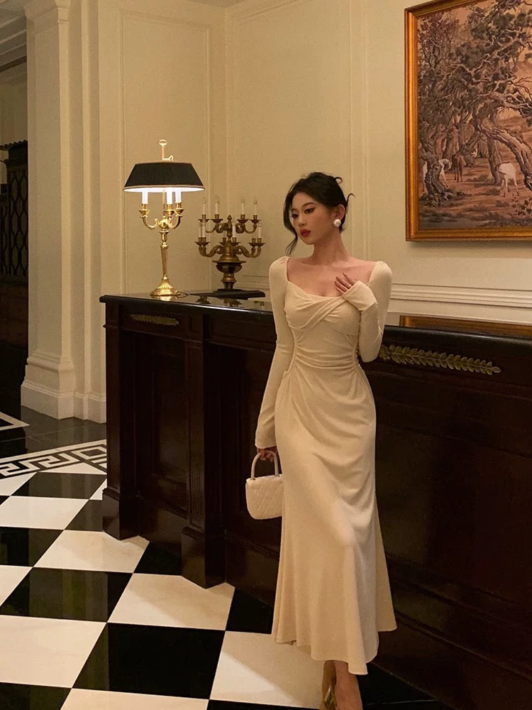 Pretty A Line Square Neckline Long Sleeves Ivory Prom Dresses Birthday Outfits Evening Gown