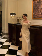 Pretty A Line Square Neckline Long Sleeves Ivory Prom Dresses Birthday Outfits Evening Gown