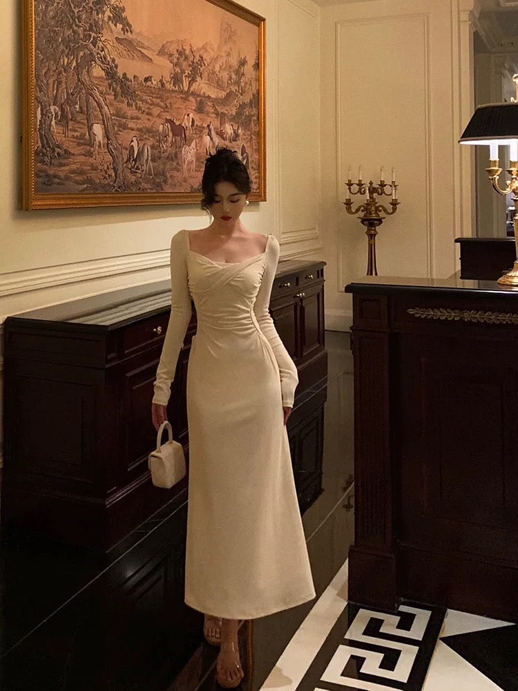 Pretty A Line Square Neckline Long Sleeves Ivory Prom Dresses Birthday Outfits Evening Gown