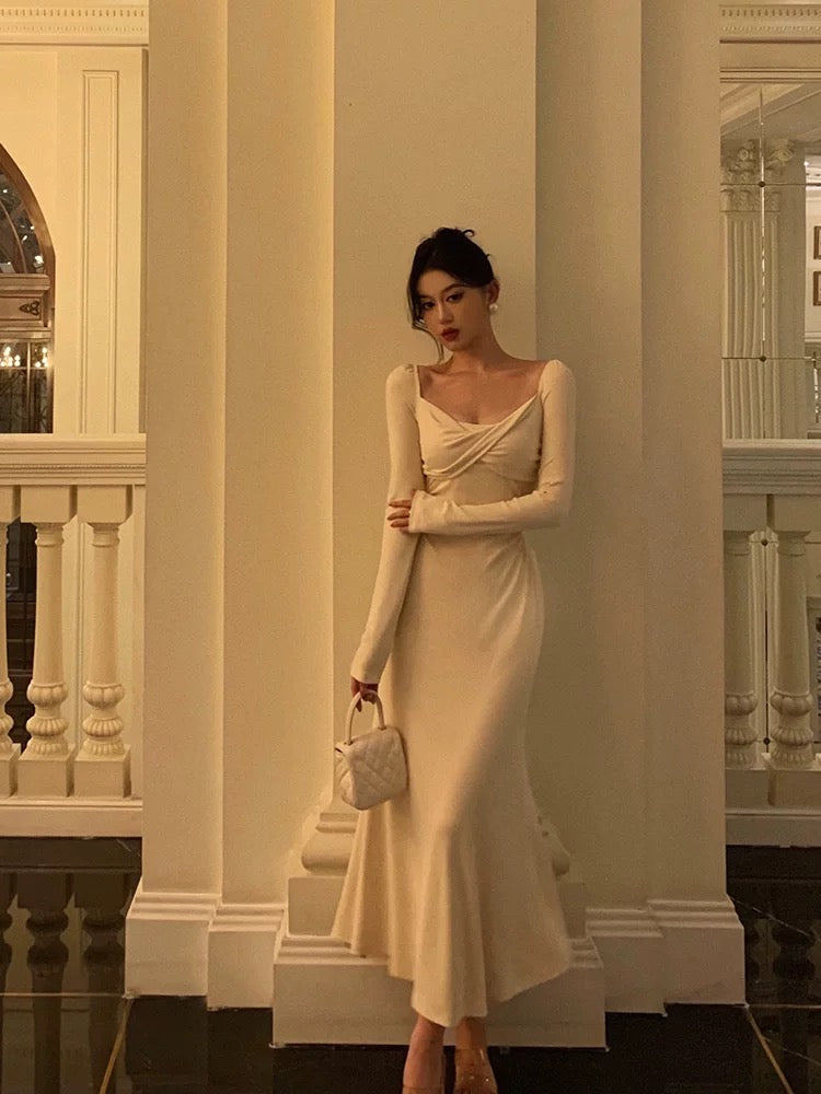 Pretty A Line Square Neckline Long Sleeves Ivory Prom Dresses Birthday Outfits Evening Gown