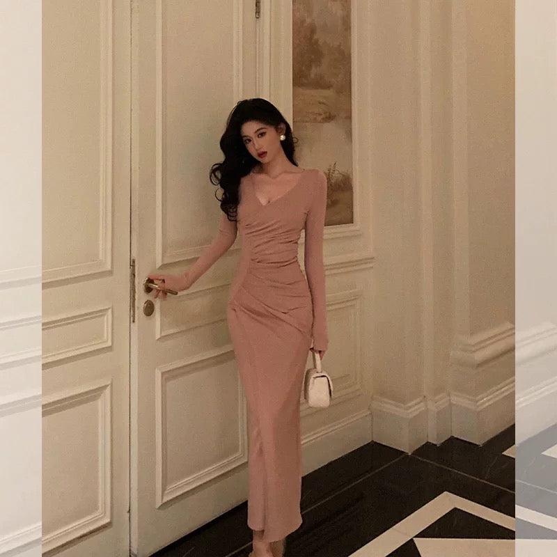 Pretty Sheath V Neckline Long Sleeves Pink Prom Dresses Birthday Outfits Evening Gown