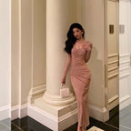 Pretty Sheath V Neckline Long Sleeves Pink Prom Dresses Birthday Outfits Evening Gown