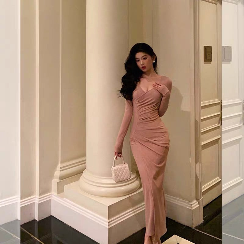 Pretty Sheath V Neckline Long Sleeves Pink Prom Dresses Birthday Outfits Evening Gown