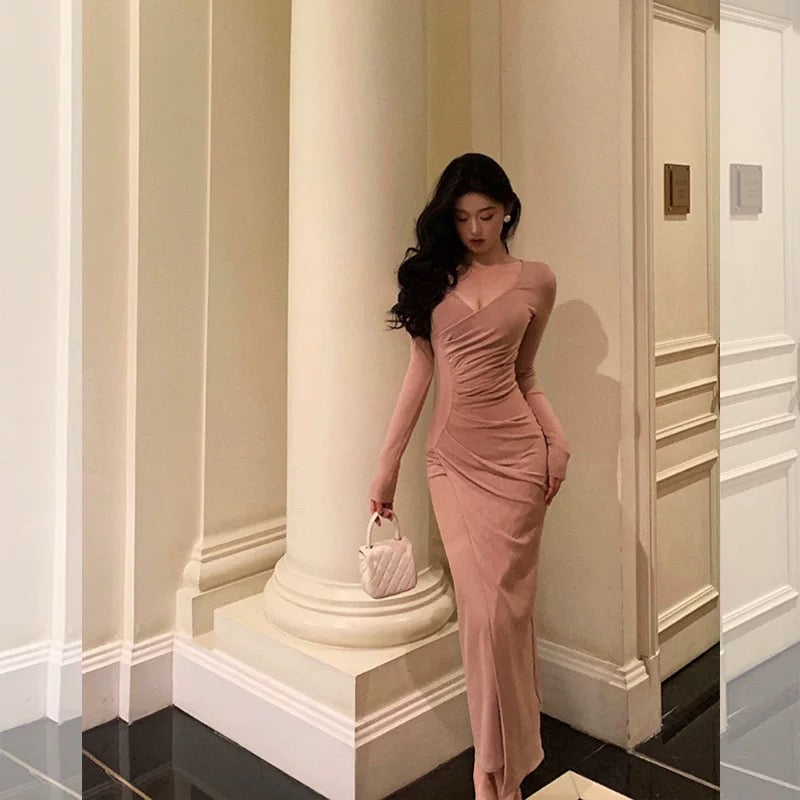 Pretty Sheath V Neckline Long Sleeves Pink Prom Dresses Birthday Outfits Evening Gown