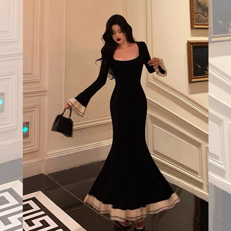 Pretty Mermaid Square Neckline Black Prom Dresses Birthday Outfits Evening Gown
