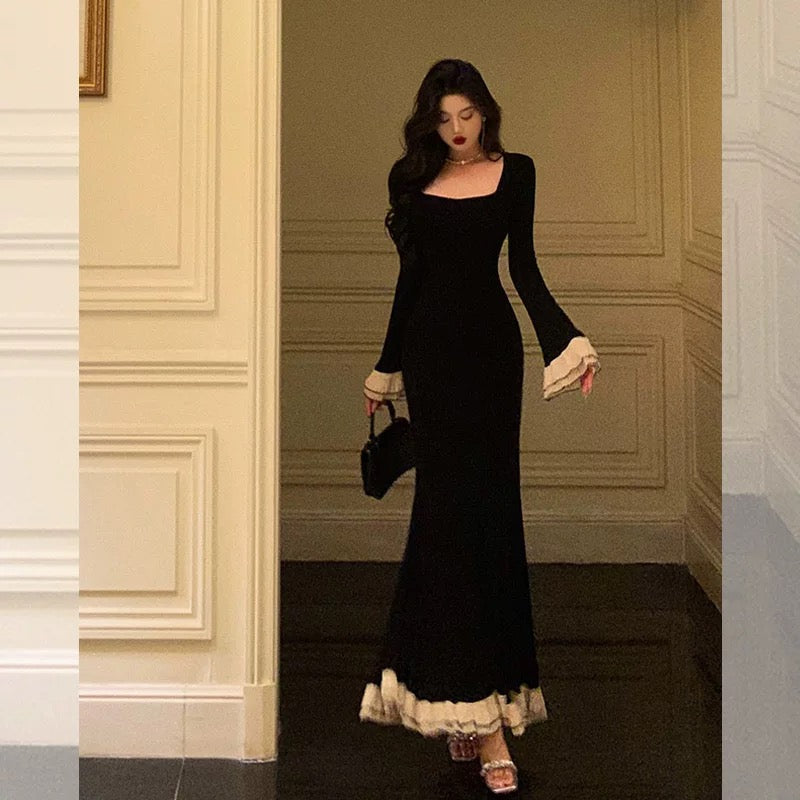 Pretty Mermaid Square Neckline Black Prom Dresses Birthday Outfits Evening Gown